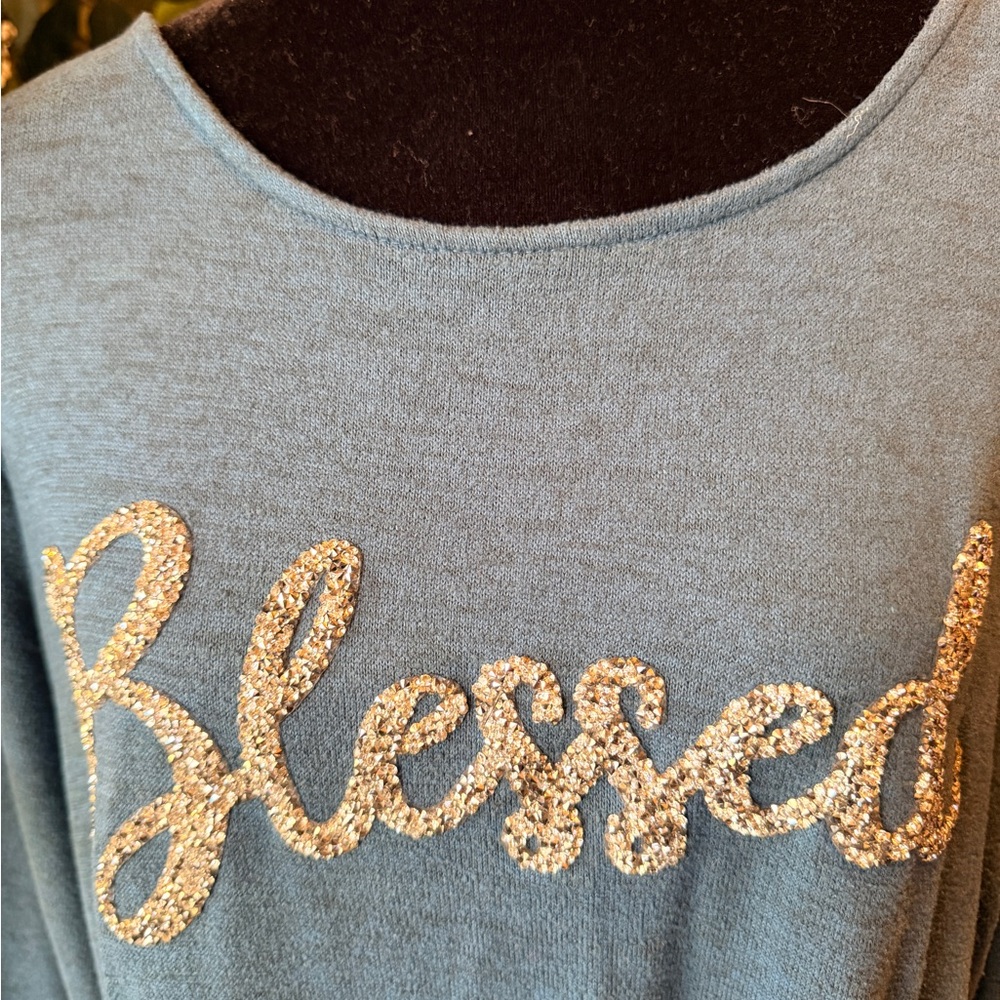 Blue Top with Gold 'Blessed' Embellishment